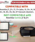 Compatibility list for Must Have 12 Pack Roomba HEPA Filters Replacement For E I J Series With Brush, showing filter size comparison.