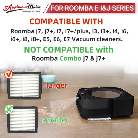 Compatibility list for Must Have 12 Pack Roomba HEPA Filters Replacement For E I J Series With Brush, showing filter size comparison.