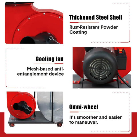 Crush Woodshop Messes With This Heavy Duty Vertical Woodworking Dust Collector, featuring thickened steel shell and cooling fan.