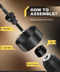 SkyStage four-piece hole saw kit: black metal hole saw, mandrel, drill chuck, nut.