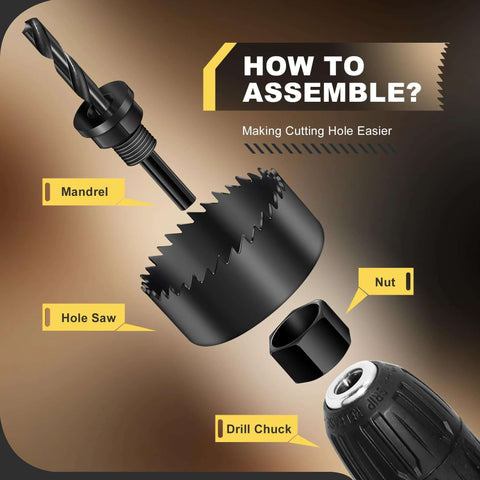 SkyStage four-piece hole saw kit: black metal hole saw, mandrel, drill chuck, nut.