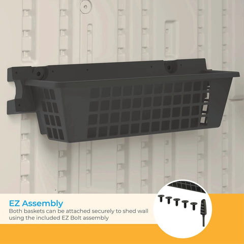 Two Pack Shed Basket Organizer Set With Wall Mount Shelf Kit Durable Heavy Duty Resin Bins attached to shed wall