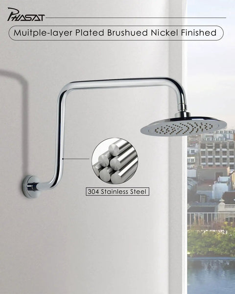 Shaped S Shower Arm With Flange Chrome High Rise Extension For Rain Shower Heads, 16.65 Inch Length, mounted on wall
