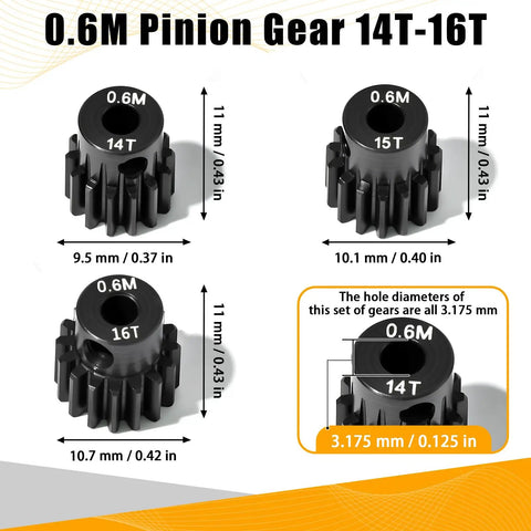 Three Piece 0.6 Mod Hardened Steel Pinion Gear Set With 3.175mm Shaft, 14T 15T 16T Pinions For 540 550 RC Cars on display