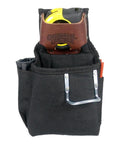 Front view of 6-In-1 Tool Pouch With Six Pockets And Holders, Compact Belt Organizer for tape, hammer, utility knife, pencils, fasteners, made in USA
