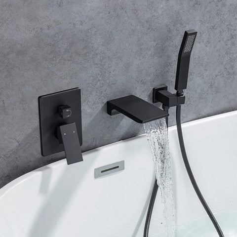 Roman Tub Filler Faucet With Waterfall Spout, Wall Mounted Single Handle Bathtub Shower Kit With Hand Shower, Matte Black Tub Faucet Set