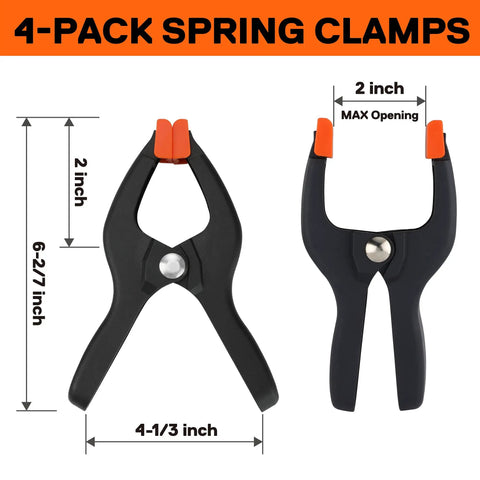 4-pack spring clamps from 5 In 1 Strap Clamp Kit With Four Pack Six And Two Sevenths Inch Spring Clamps For Woodworking, measurements shown.
