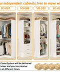 Four independent cabinets of the Straight Up Modular Closet Organizer System In Crisp White Featuring Nine Hanging Rods Eight Shelves Three Deep Drawers And A Smart Corner Module That Gives Your Walk In Or Standalone Setup A Totally Fresh Look Right Now.