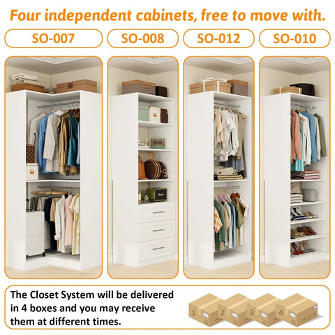 Four independent cabinets of the Straight Up Modular Closet Organizer System In Crisp White Featuring Nine Hanging Rods Eight Shelves Three Deep Drawers And A Smart Corner Module That Gives Your Walk In Or Standalone Setup A Totally Fresh Look Right Now.