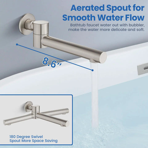 Do It All Three Function Shower System With Tub Spout And Ten Inch Round Rainfall Shower Head Handheld Spray Includes Rough In Valve And 360 Degree Rotating Drain Brushed Nickel Finish aerated tub spout flowing into bathtub.