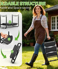 Woman carrying Foldable Garden Kneeler And Seat With Tool Pouch, Two In One Ergonomic Kneeling Bench, black with foldable structure