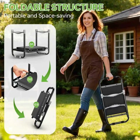 Woman carrying Foldable Garden Kneeler And Seat With Tool Pouch, Two In One Ergonomic Kneeling Bench, black with foldable structure