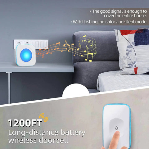Long Range Wireless Doorbell Kit With 1200 Feet Range, Battery Operated, No Outlet Needed in a bedroom with notes symbolizing melodies