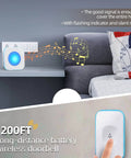 Wireless Doorbell System For Home With Battery Operated Receiver, 1200 Feet Range, Bright Flashing Light on table with music notes