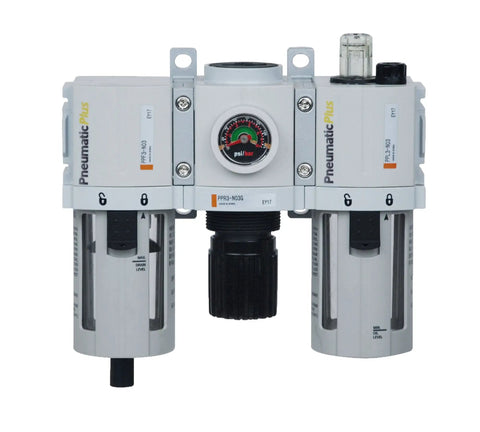 High Flow One Quarter Inch NPT Air Filter Regulator Lubricator Combo With 5 Micron Element, Poly Bowl Guard, Manual Drain, Front View