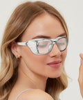 Model wearing 3 Pack Lightweight Lab Safety Goggles For Men And Women Anti Fog Anti Dust Protective Eyewear With Side Shields Clear Lenses Blue Square Frame Comfy All Day Wear