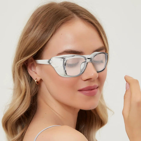 Model wearing 3 Pack Lightweight Lab Safety Goggles For Men And Women Anti Fog Anti Dust Protective Eyewear With Side Shields Clear Lenses Blue Square Frame Comfy All Day Wear