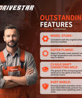 Mechanic in workshop with Drivestar branding, highlighting features of Front Steering Knuckle And Wheel Bearing Hub Assembly For VW models.