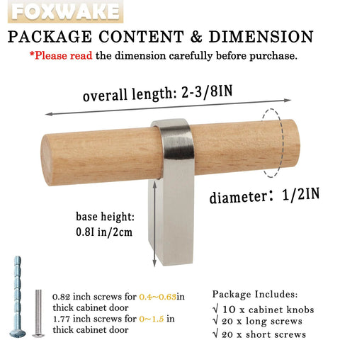 10 Pack Wooden Drawer Pulls And Knobs Natural Wood And Metal T Bar Cabinet Handles dimensions and components