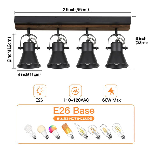 Versatile Quad Light Kitchen Track Lighting Kit with Adjustable Ceiling and Wall Mount Spotlight Slick Industrial Black dimensions
