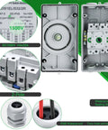 Heavy Duty Solar Disconnect Switch Two Pole DC 1500 Volt 32 Amp Breaker With Rugged Enclosure For Roof Arrays And RV Outfits All Season IP66 Shielding showing internal wiring and waterproof features.