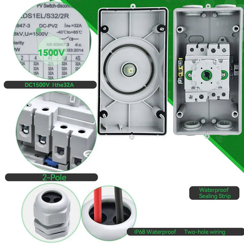 Heavy Duty Solar Disconnect Switch Two Pole DC 1500 Volt 32 Amp Breaker With Rugged Enclosure For Roof Arrays And RV Outfits All Season IP66 Shielding showing internal wiring and waterproof features.