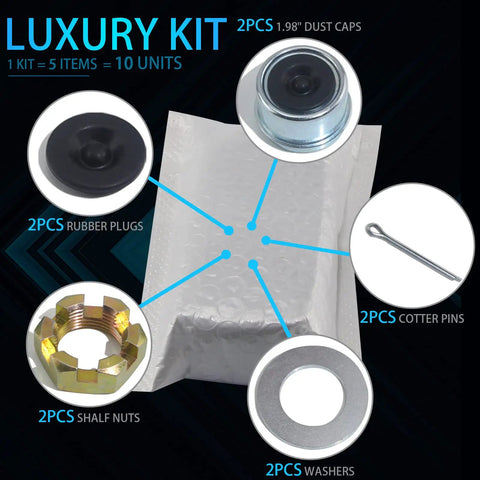 Two Set Trailer Nut Kit For 1 Inch Spindle Shafts With Castle Nuts Washers Cotter Pins Dust Caps And Rubber Plugs Fits 1 Inch Shaft 3500lb Trailer Axle Luxury Hub Bearing Kit With 10 Pieces packaging image showing components.