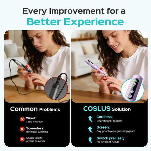 Side-by-side comparison showing woman using a wired nail drill and Cordless Nail Drill Kit With LED Display Adjustable Speeds And Professional Nail File For Acrylic Gel Powder Portable For Home DIY And Salon Use Beginners Friendly Manicure Pedicure Tool For Women Travel Ready Purple