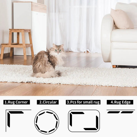 Alt Tag: 16 Pcs Non Slip Rug Grippers Keep Area Rug Corners Flat Prevent Curling And Bunching Reusable Washable Rug Tape diagram