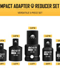 Five-piece Impact Socket Adapter And Reducer Kit For SAE Sizes One Quarter Inch Three Eighths Inch And One Half Inch CRMO steel.