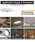 Six-Port 12V 60W LED Power Supply With Dimmer, 5A Output, Includes Six 2m Welding Extension Cords, Low Voltage Transformer For Under Cabinet And Wall Panel Lighting, DIY Friendly, Safe For Dry Indoor Use, Overload And Short-Circuit Protection. Application guide