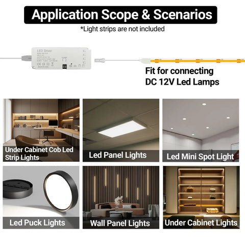 Six-Port 12V 60W LED Power Supply With Dimmer, 5A Output, Includes Six 2m Welding Extension Cords, Low Voltage Transformer For Under Cabinet And Wall Panel Lighting, DIY Friendly, Safe For Dry Indoor Use, Overload And Short-Circuit Protection. Application guide