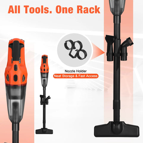 Grab And Go Cordless Handheld Vacuum With 20V Rechargeable Battery And Wet Dry Suction showing attachments and nozzle holder.
