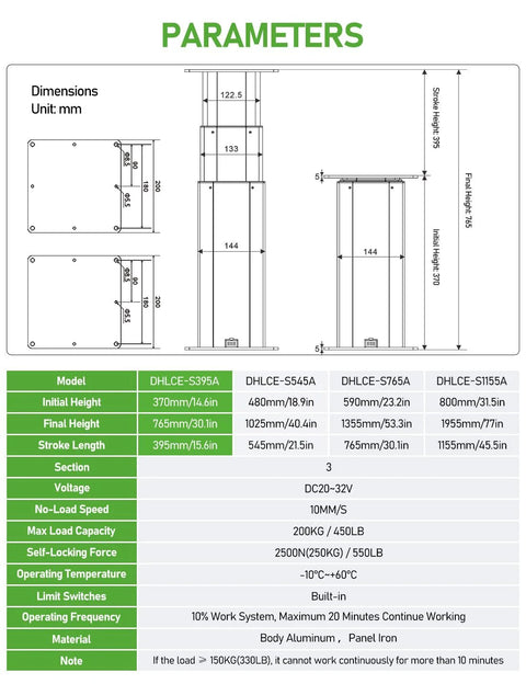 DIHOOL electric lift table schematic with motorized lifting column and 14.6-30.1 in height; front and side views