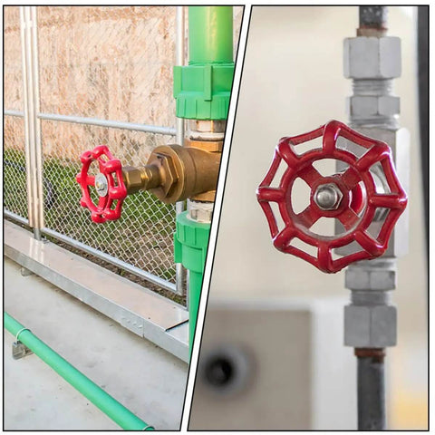 Cast Iron Valve Hand Wheels 10 Piece Red Flat Bottom Shutoff Handles for water fittings on green and silver pipes