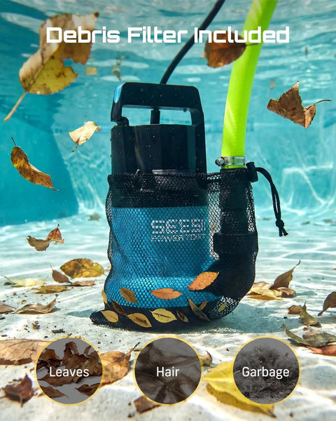 One HP Submersible Water Pump With 4755GPH High Flow Beast 23ft Hose Kit Anti Clog Filter Net shown in water filtering debris