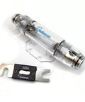 Inline Waterproof ANL Fuse Holder for 0/2/4 gauge wires with transparent casing and 200A fuse, handles up to 300 amps.
