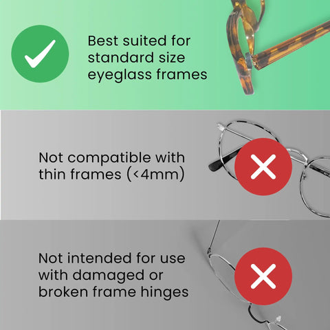 Guide showing Black Eyeglass Temple Tighteners Pack Of 10 Five Pairs Rubber Grips For Glasses No Fuss Fit Easy Secure Temple Hold 6mm OD, 4mm ID.