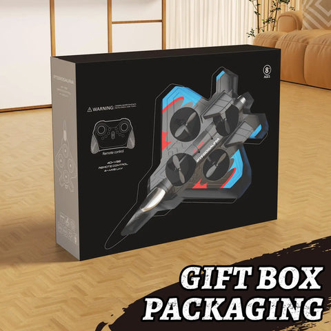 Foam RC Plane For Kids And Adults With Two Batteries, 360 Degree Flips, LED Lights gift box packaging on wooden floor