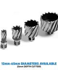 Cyclone 25mm Diameter High Speed Steel Annular Cutter With 1 Inch Depth Of Cut Three Quarters Inch Weldon Shank And Two Flats Fits Most Magnetic Drill Presses Includes Free Pilot Pin Premium Cutter For Fast Clean Holes, shown in set with various sizes.