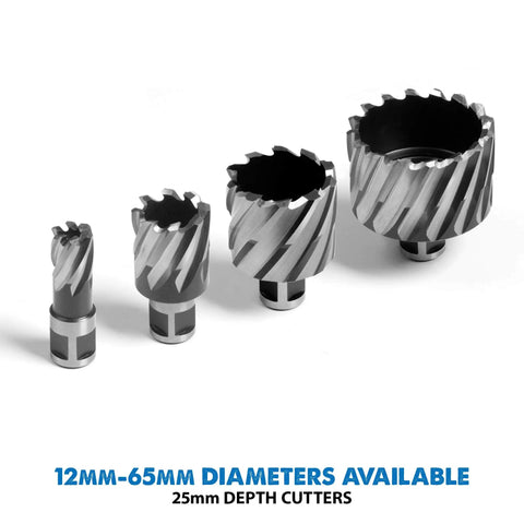 Cyclone 25mm Diameter High Speed Steel Annular Cutter With 1 Inch Depth Of Cut Three Quarters Inch Weldon Shank And Two Flats Fits Most Magnetic Drill Presses Includes Free Pilot Pin Premium Cutter For Fast Clean Holes, shown in set with various sizes.