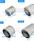 Various sizes of air filters for vacuum pump replacement, showing pro grade materials, direct fit compatibility, and dimensions.