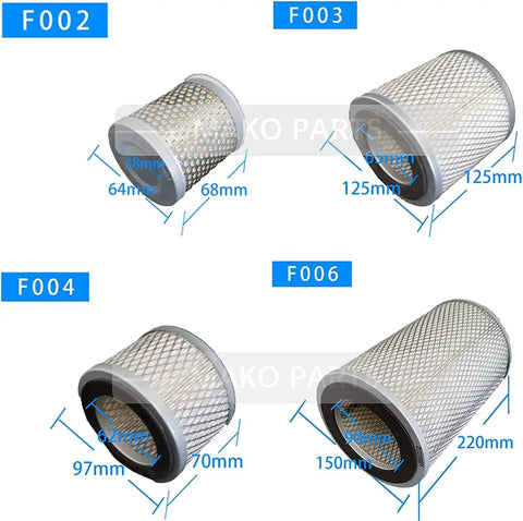 Various sizes of air filters for vacuum pump replacement, showing pro grade materials, direct fit compatibility, and dimensions.
