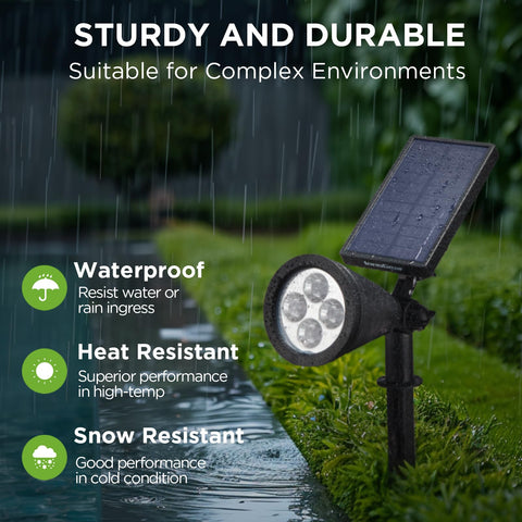 Outdoor Solar Lights Pack Of 4 Waterproof Garden Lights with adjustable panels in rain showing durability and weather resistance