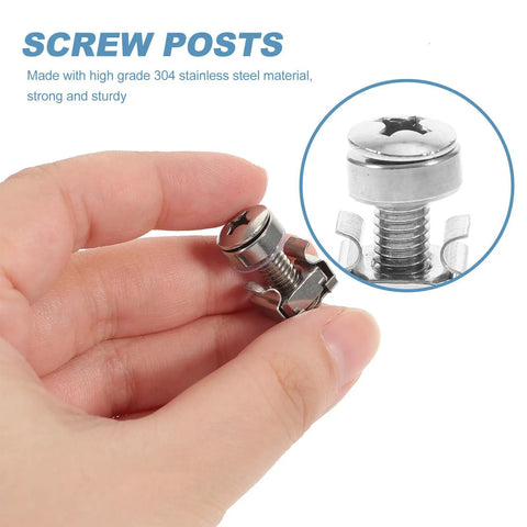 Close-up of hand holding 16 Sets M6x20mm Cage Nut And Rack Screw Kit for Server Racks, detailed view of stainless steel screw.