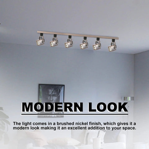 Six Pack Track Lighting Heads in Brushed Nickel with GU10 Sockets, 50W 120V Ceiling Kitchen Track Lights in modern interior