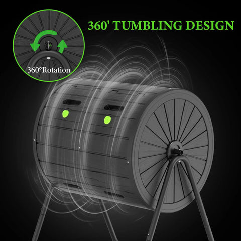 43 Gallon Dual Chamber Tumbler Compost Bin For Outdoor Gardens, Durable Premium Composter With High Efficiency, Easy To Use And Snap Together, 3D Assembly Video, Black showing 360-degree rotation capability