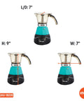 Hassle Free Electric Espresso Maker Compact Coffee Brewer with stylish teal finish and clear measuring dimensions