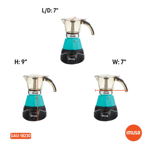 Hassle Free Electric Espresso Maker Compact Coffee Brewer with stylish teal finish and clear measuring dimensions