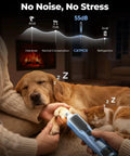 Premium 7 Speed Quiet Pet Nail Grinder For Dogs And Cats Featuring Low Vibes And A 360 Degree Led Ring For Super Easy Gnarly Claw Trimming At Home, shown in use on a sleeping golden retriever.